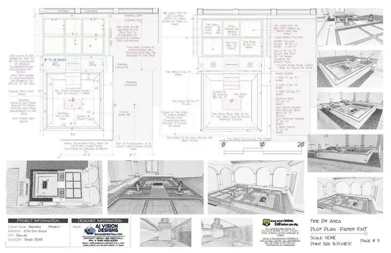 Fire pit area plan with construction notes and renders