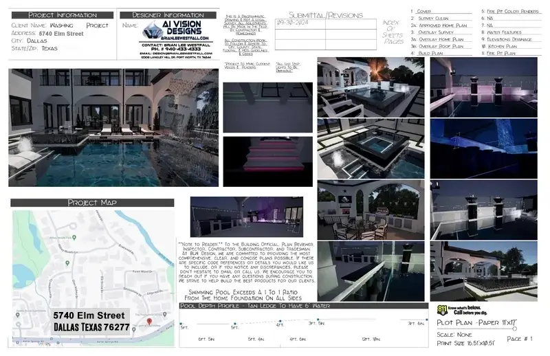 Pool construction permit plan cover sheet with renders, site map, and sheet index